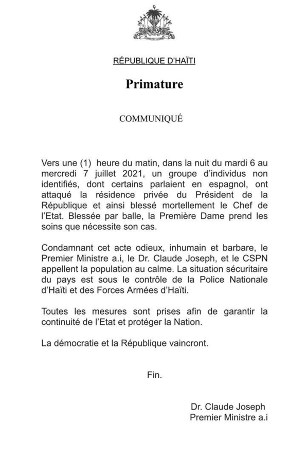 Haïti : le Président Jovenel Moïse assassiné dans la nuit dans sa résidence privée (cabinet du Premier ministre) Haïti : le Président Jovenel Moïse assassiné dans la nuit dans sa résidence privée (cabinet du Premier ministre)