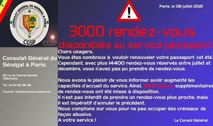 Diaspora sénégalaise en France : Plus de 3 000 places de rdv supplémentaires au service passeport