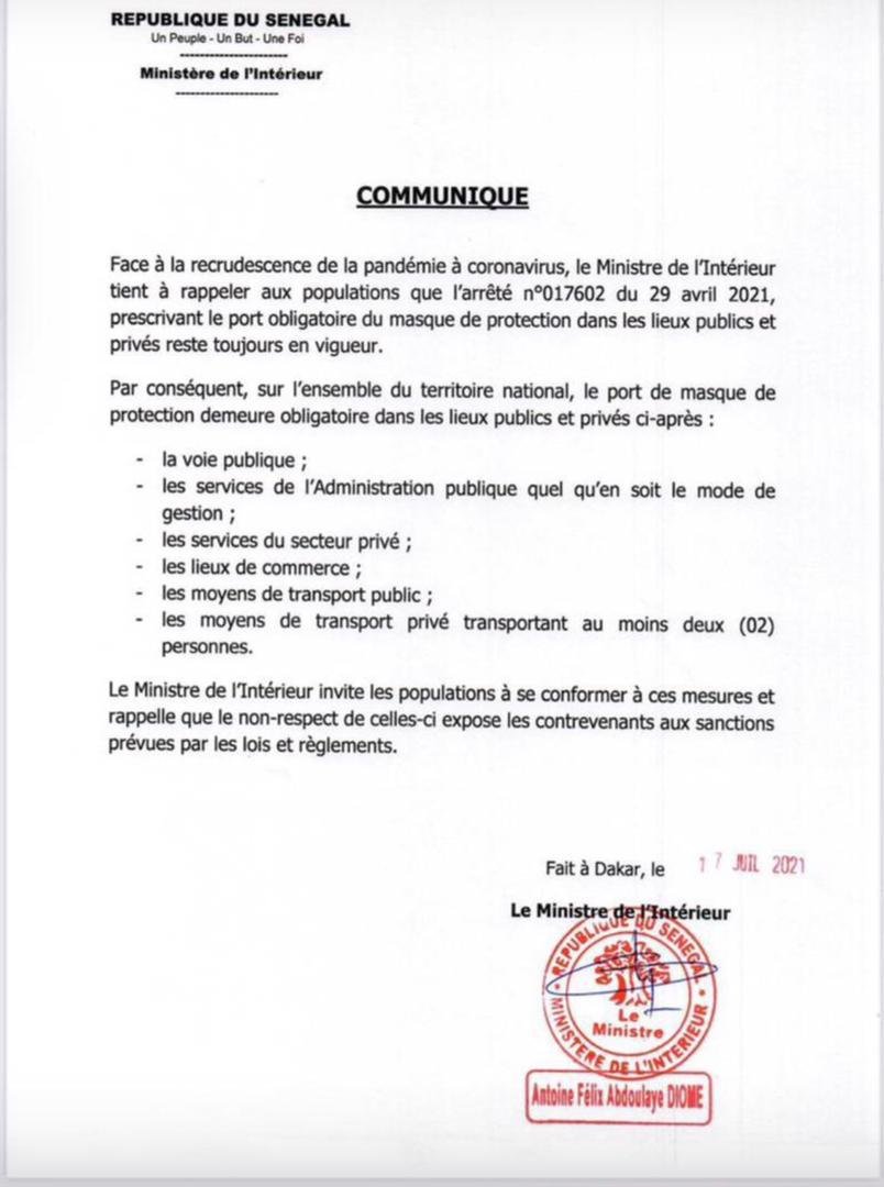 Hausse des cas de covid-19: le port de masque redevient obligatoire dans les lieux publics et privés (décret)