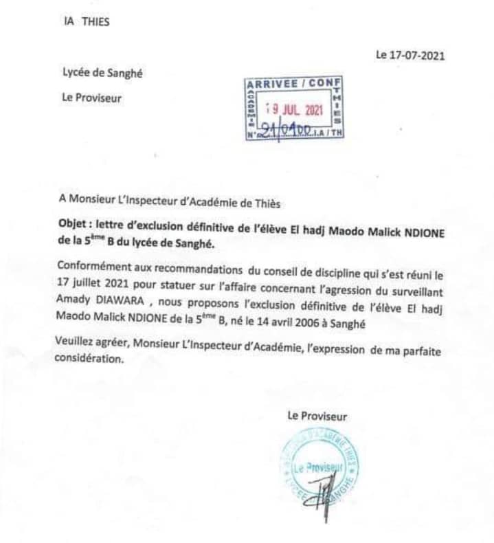 Agression du surveillant du lycée de Sangué: l’élève auteur des faits exclu