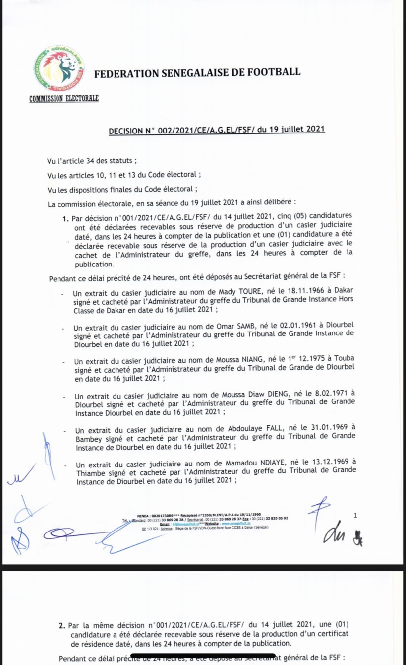 Présidence fédération de football sénégalais : 5 candidatures déclarées recevables (Document)