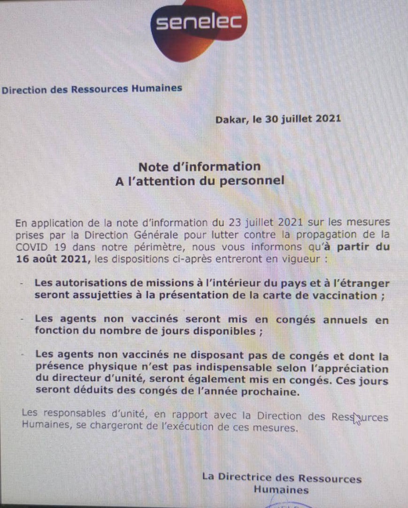 La Senelec impose un Pass Sanitaire à ses employés La Senelec impose un Pass Sanitaire à ses employés
