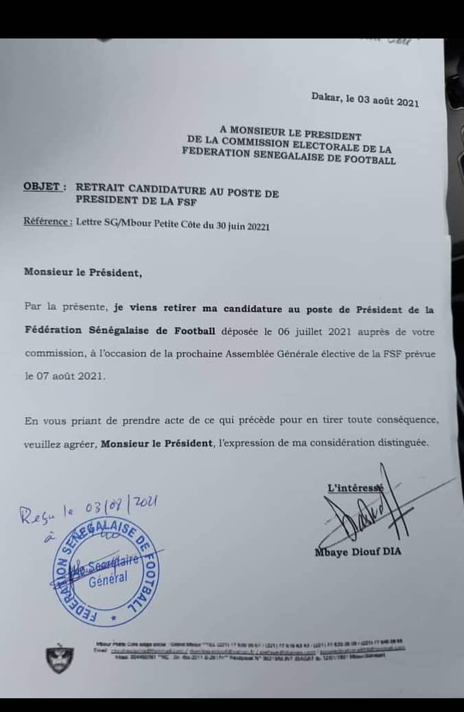 Élections FSF: Mbaye Diouf Dia retire sa candidature