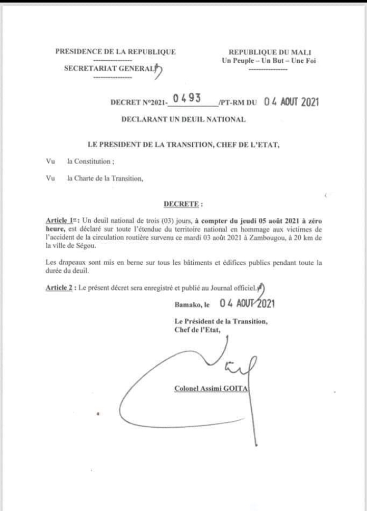 Mali: le Président Colonel Assimi Goita décrète un deuil national de trois jours