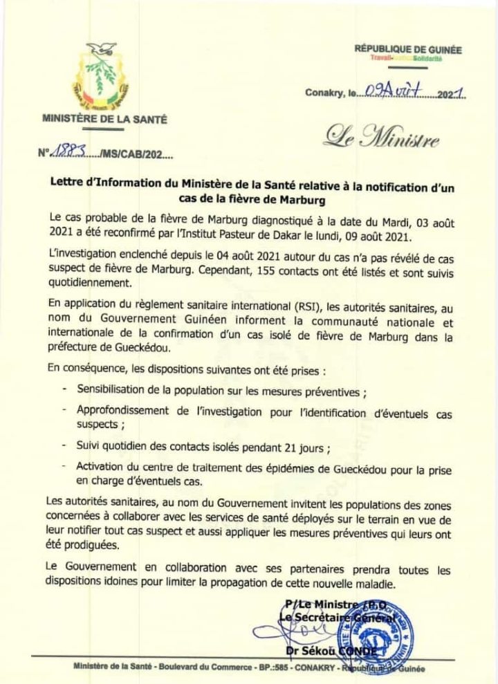 Fièvre de Marburg en Guinée: 115 cas contacts dénombrés (ministre)
