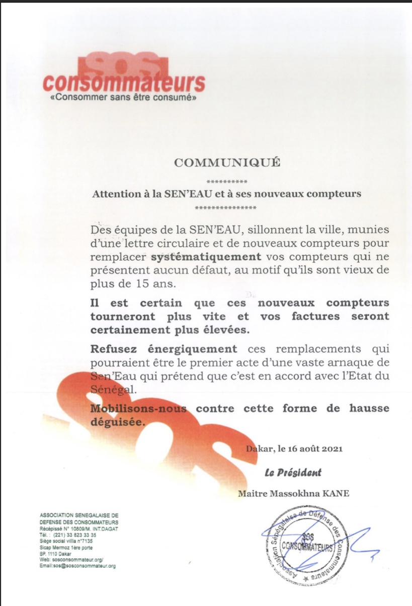 Changement des compteurs de Sen’Eau : SOS consommateurs alerte et demande aux populations de refuser Changement des compteurs de Sen’Eau : SOS consommateurs alerte et demande aux populations de refuser