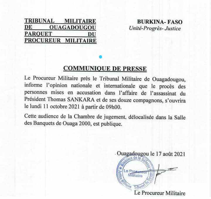 Assassinat de Thomas Sankara: le procès s’ouvre le 11 octobre prochain 