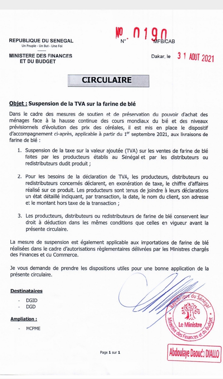 Suspension de la TVA sur la farine de blé (ministère des Finances) 