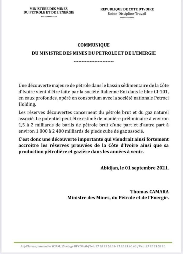 Côte d'Ivoire : le ministre des Mines annonce une importante découverte de gaz et de pétrole (Document) Côte d'Ivoire : le ministre des Mines annonce une importante découverte de gaz et de pétrole (Document)