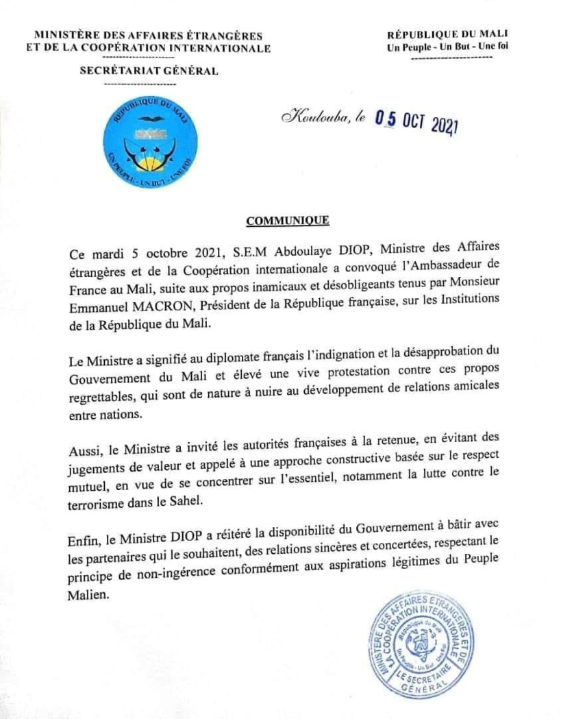 Propos de Macron: l’Ambassadeur de France convoqué par le ministre malien des Affaires étrangères Propos de Macron: l’Ambassadeur de France convoqué par le ministre malien des Affaires étrangères