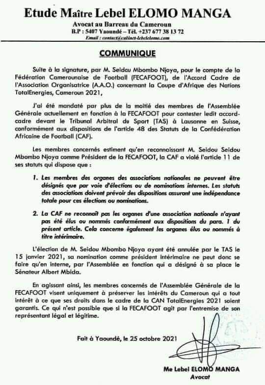 Can 2021-Contestation de la signature au TAS : Me Lebel Elomo Manga mandaté pour contester l’accord-cadre signé avec la CAF