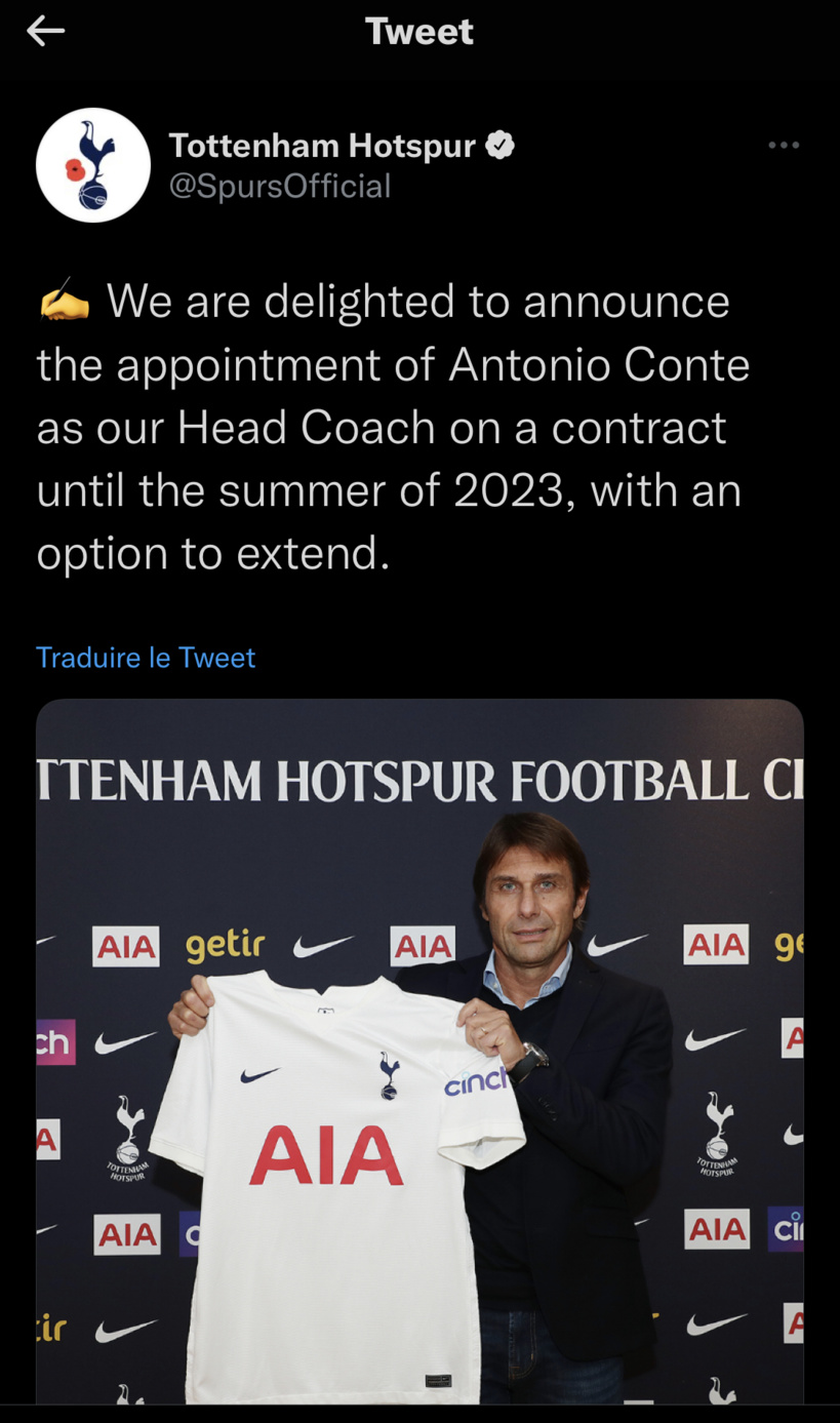 Tottenham officialise l'arrivée de Conte