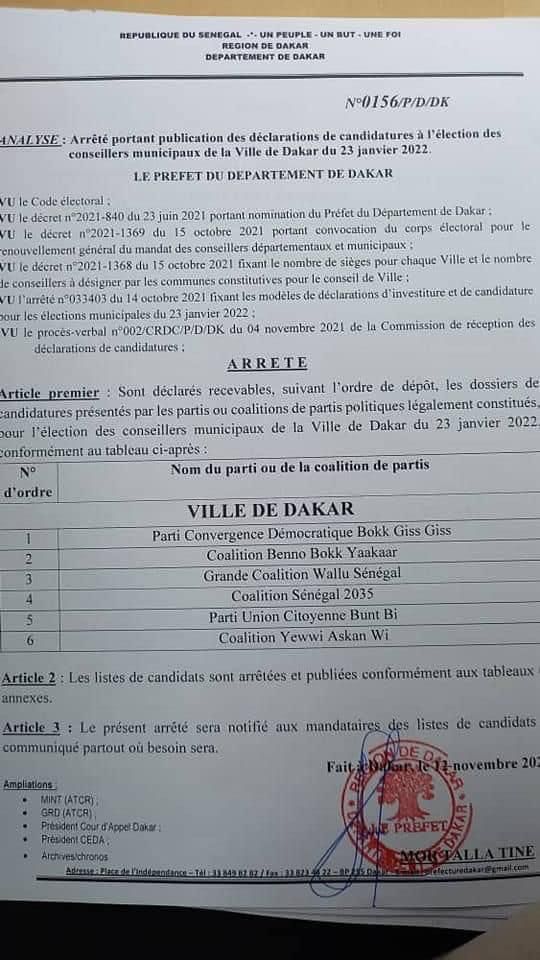 Le préfet publie la liste des candidatures recevables à l’élection du maire de la ville de Dakar (Document)