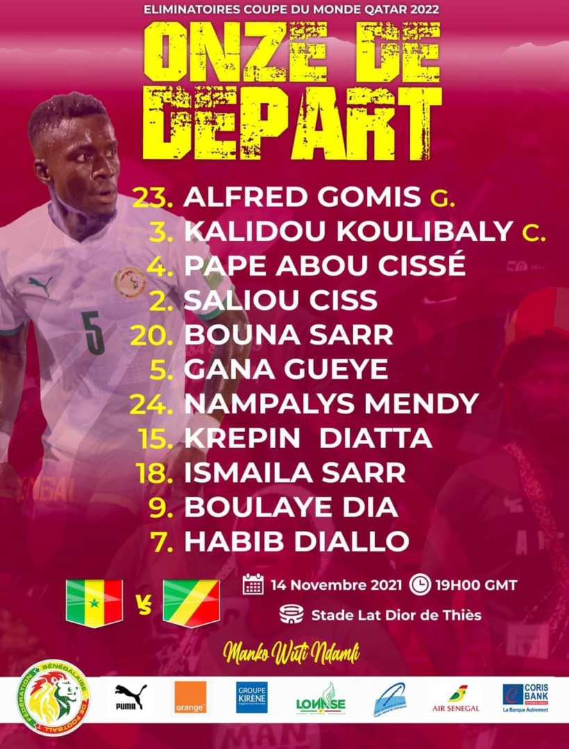 Onze du Sénégal face au Congo: Aliou Cissé met Koulibaly, Gana et Ismaila Sarr qui sont tous sous la menace d’une suspension en cas de carton jaune Onze du Sénégal face au Congo: Aliou Cissé met Koulibaly, Gana et Ismaila Sarr qui sont tous sous la menace d’une suspension en cas de carton jaune