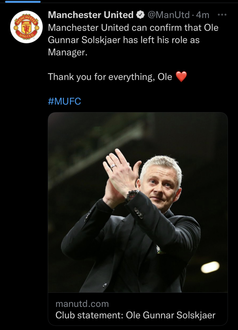 Manchester United: Solskjaer officiellement viré Manchester United: Solskjaer officiellement viré