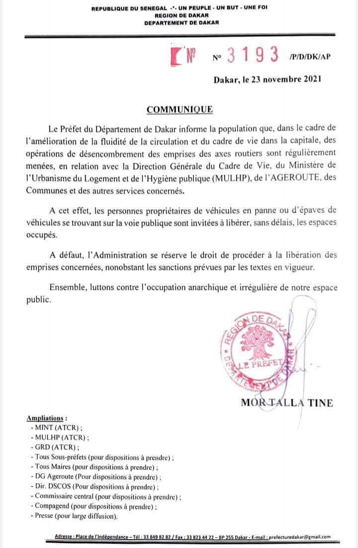 Le Préfet de Dakar annonce des opérations de désencombrement et met en garde 