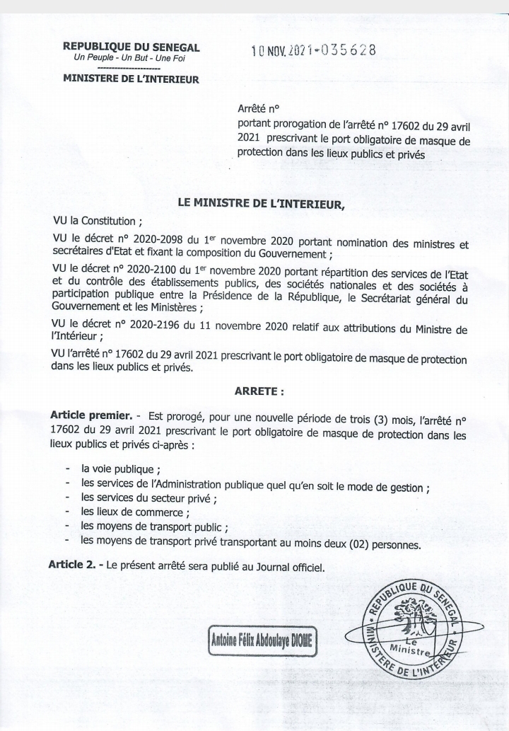 Covid_19 au Sénégal: Antoine Félix Diome proroge de 3 mois l'arrêté du port obligatoire de masque 