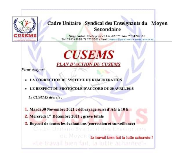 Le Cusems annonce un débrayage le 30 novembre, suivi d’une grève générale Le Cusems annonce un débrayage le 30 novembre, suivi d’une grève générale
