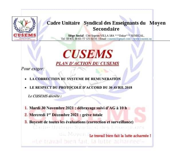 Le Cusems annonce un débrayage le 30 novembre, suivi d’une grève générale