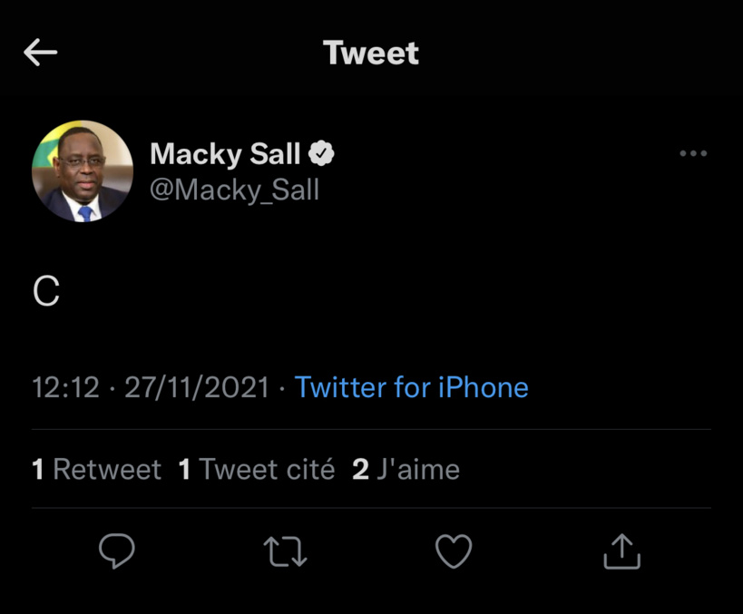 Twitter: le Président Macky Sall fait un post bizarre et supprime quelques minutes après Twitter: le Président Macky Sall fait un post bizarre et supprime quelques minutes après