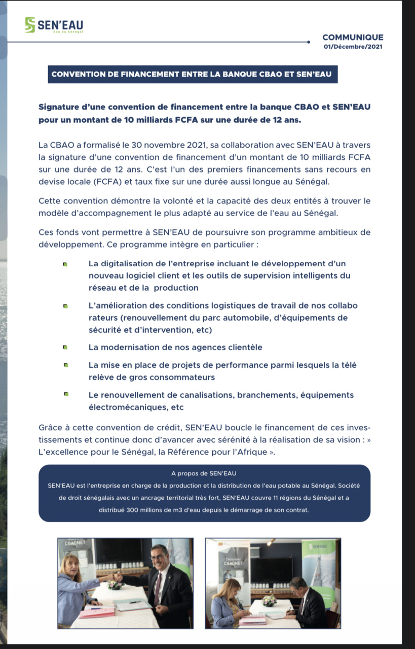 Convention de financement entre la Banque CBAO et SEN’EAU Convention de financement entre la Banque CBAO et SEN’EAU