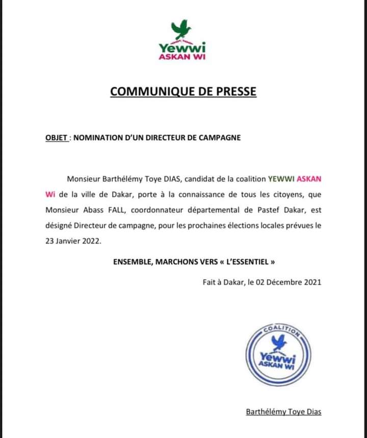 Abass Fall de Pastef, nommé directeur de campagne de Barthélémy Dias Abass Fall de Pastef, nommé directeur de campagne de Barthélémy Dias