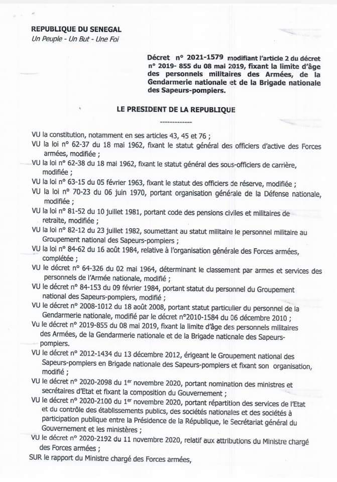 Forces de défense et de sécurité: le Président Macky Sall rallonge la limite d'âge à la retraite des Généraux