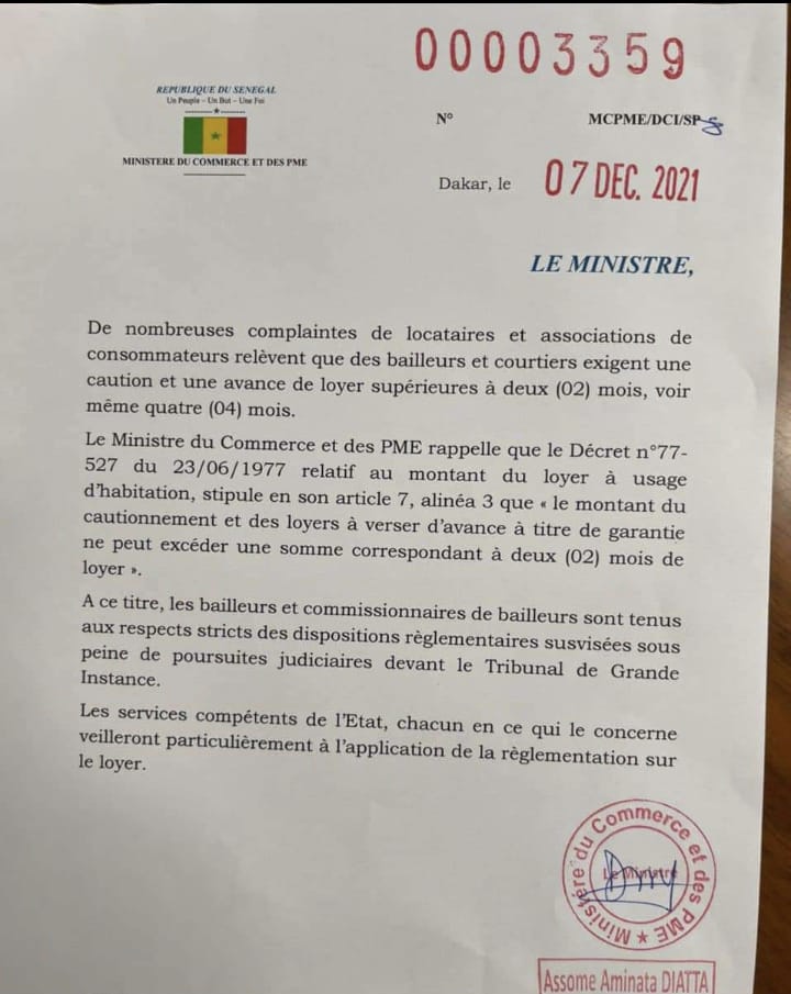 Loyer: le ministre du Commerce exige des bailleurs et courtiers de ne plus demander plus de 2 mois de caution Loyer: le ministre du Commerce exige des bailleurs et courtiers de ne plus demander plus de 2 mois de caution