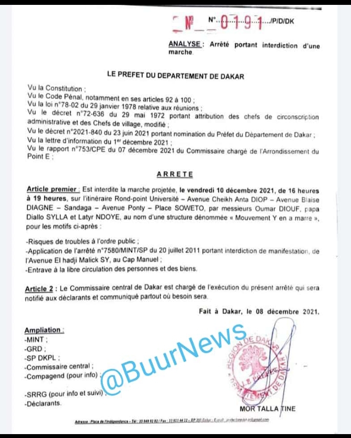 Indépendance de la justice : le préfet de Dakar interdit la manifestation de Y'en a marre, prévue demain vendredi