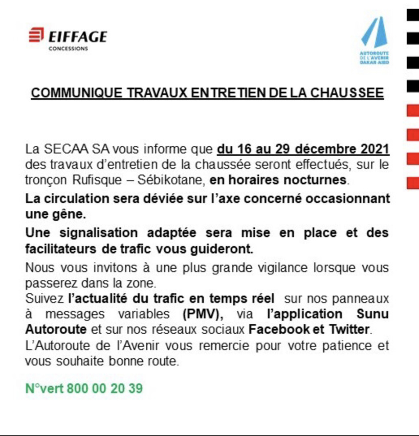 Travaux d’entretien de la chaussée Rufisque-Sébikotane: la SECAA annonce une déviation de la circulation du 16 au 29 décembre