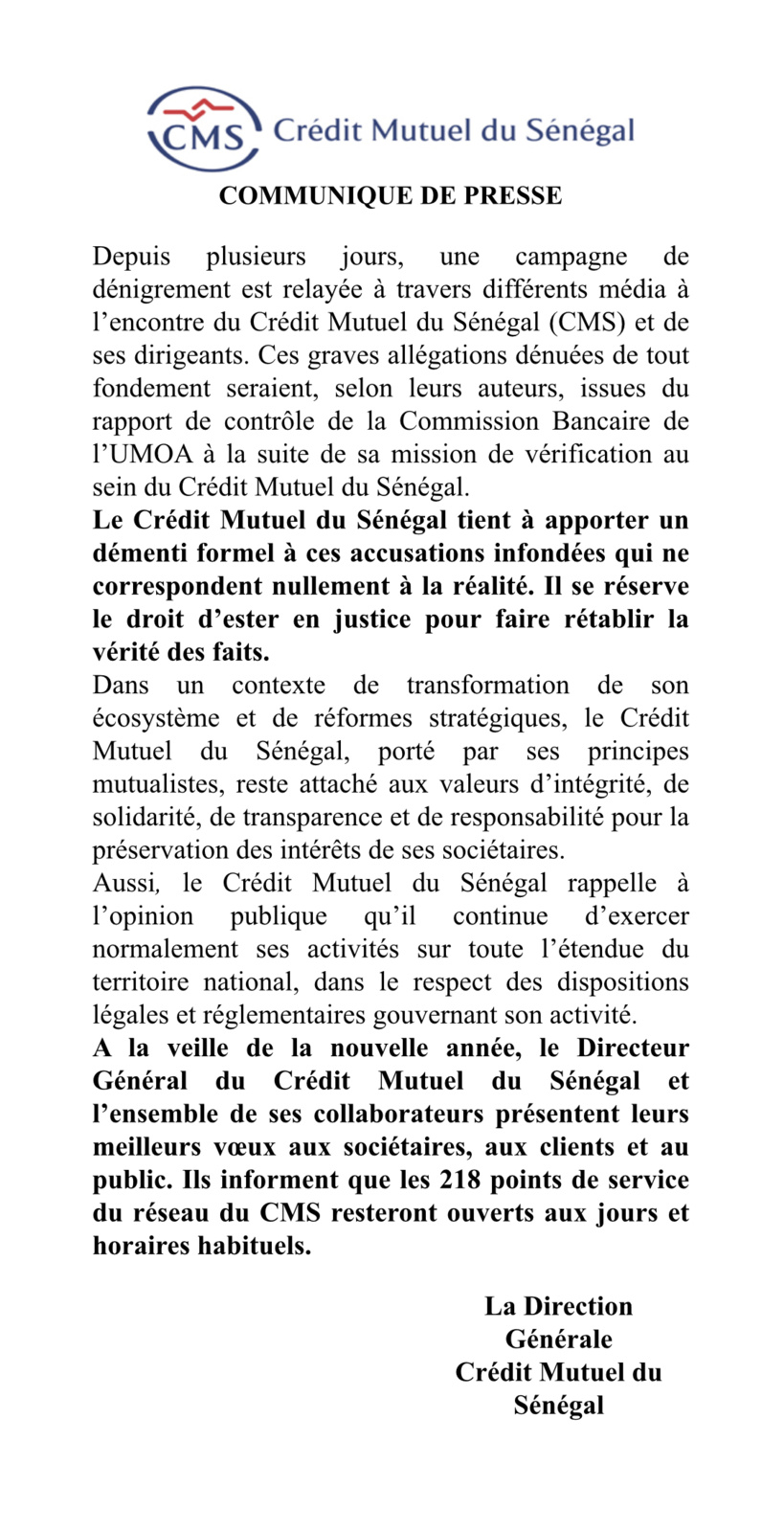 Communiqué de Presse du Crédit Mutuel du Sénégal (CMS)