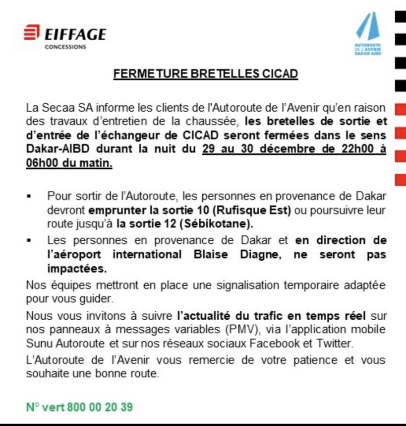 Travaux d’entretien de la Chaussée: fermeture des bretelles de l’Échangeur de CICAD Travaux d’entretien de la Chaussée: fermeture des bretelles de l’Échangeur de CICAD