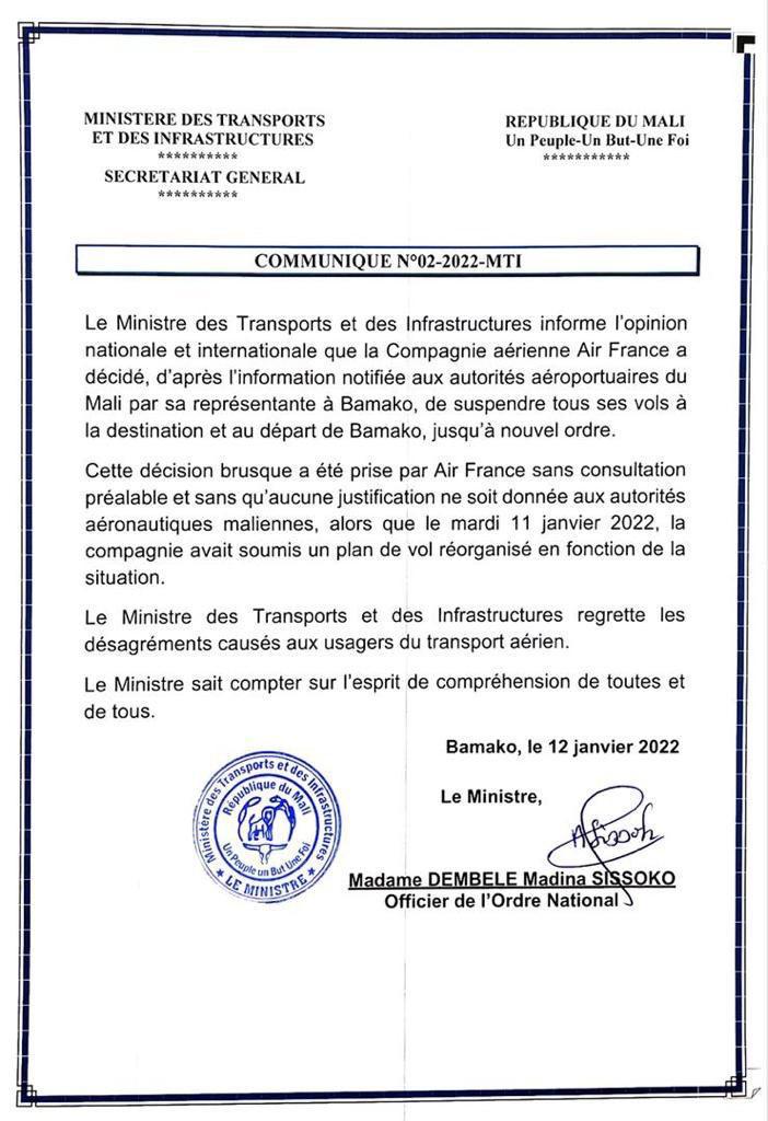 Suspension de vols vers le Mali : les autorités dénoncent la décision « brusque, sans consultation et sans aucune justification d’Air France »
