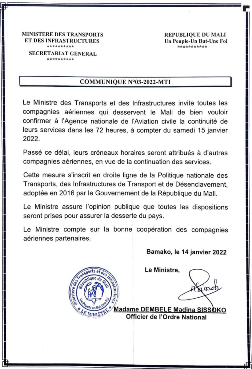 Mali: le ministre des Transports donne un ultimatum aux compagnies aériennes