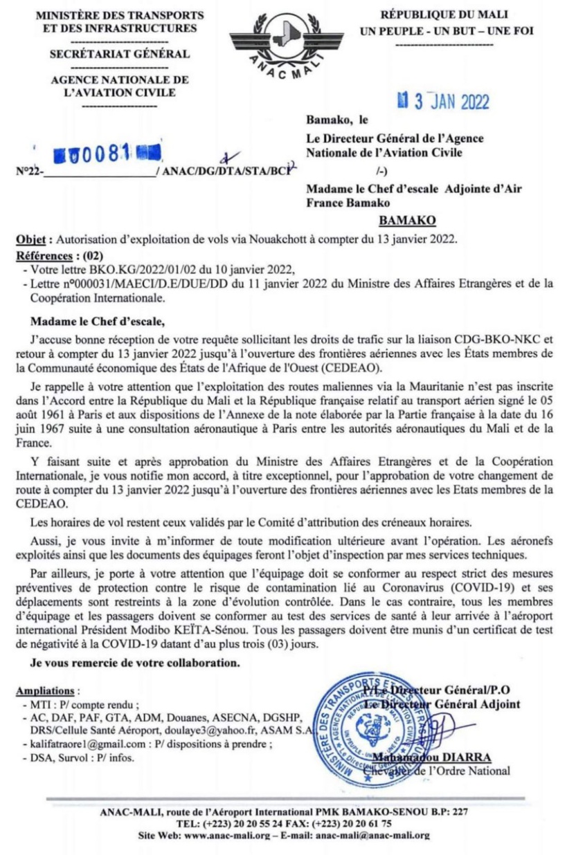 Air France a négocié avec le Mali pour la reprise de ses vols via la Mauritanie Air France a négocié avec le Mali pour la reprise de ses vols via la Mauritanie