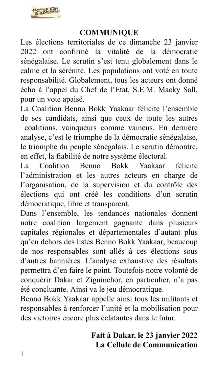 Benno Bokk Yakaar reconnaît ses défaites à Dakar et Ziguinchor (Communiqué) Benno Bokk Yakaar reconnaît ses défaites à Dakar et Ziguinchor (Communiqué)