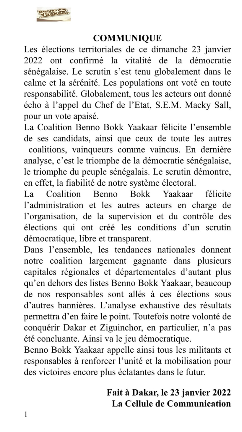 Benno Bokk Yakaar reconnaît ses défaites à Dakar et Ziguinchor (Communiqué)