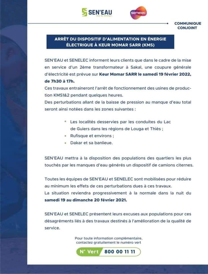 Sen'Eau et Senelec annoncent une coupure d'eau et d'électricité dans certaines zones samedi