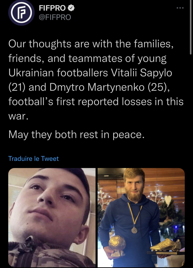 La FIFPro annonce la mort au combat de deux joueurs ukrainiens La FIFPro annonce la mort au combat de deux joueurs ukrainiens