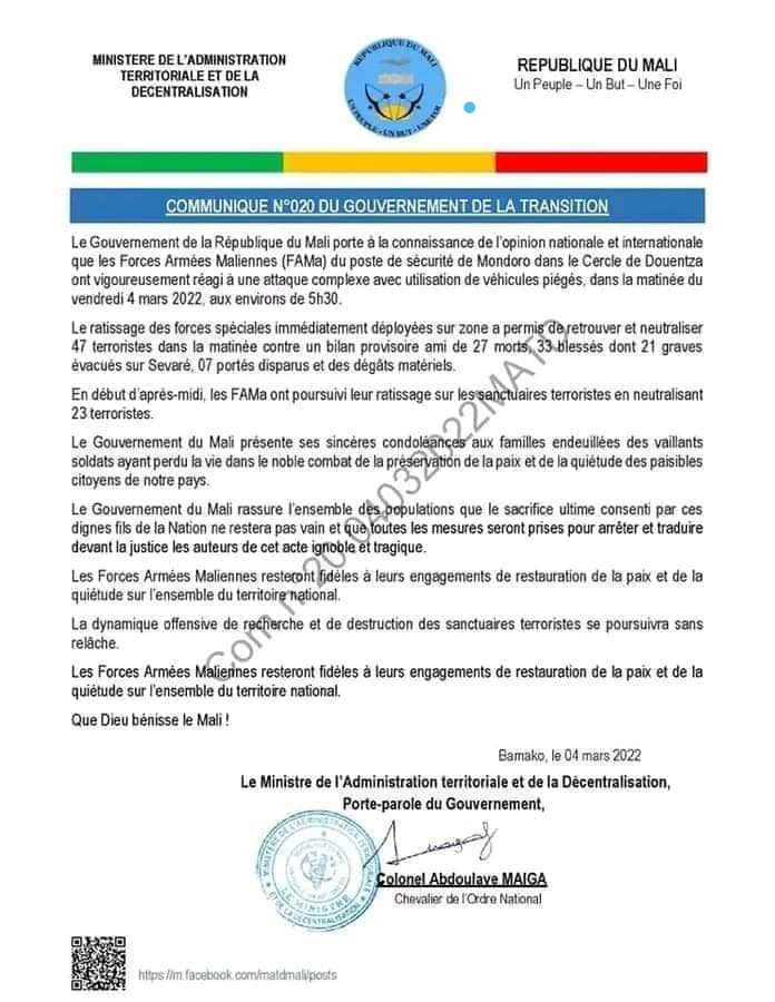 Mali: 70 terroristes neutralisés et 27 Maliens tués dans une attaque contre une garnison de l'armée à Mondoro 