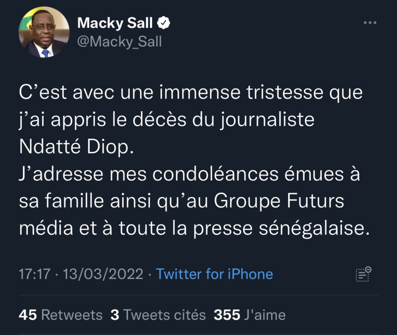 Décès du journaliste Ndatté Diop : Macky Sall présente ses condoléances à la presse sénégalaise Décès du journaliste Ndatté Diop : Macky Sall présente ses condoléances à la presse sénégalaise