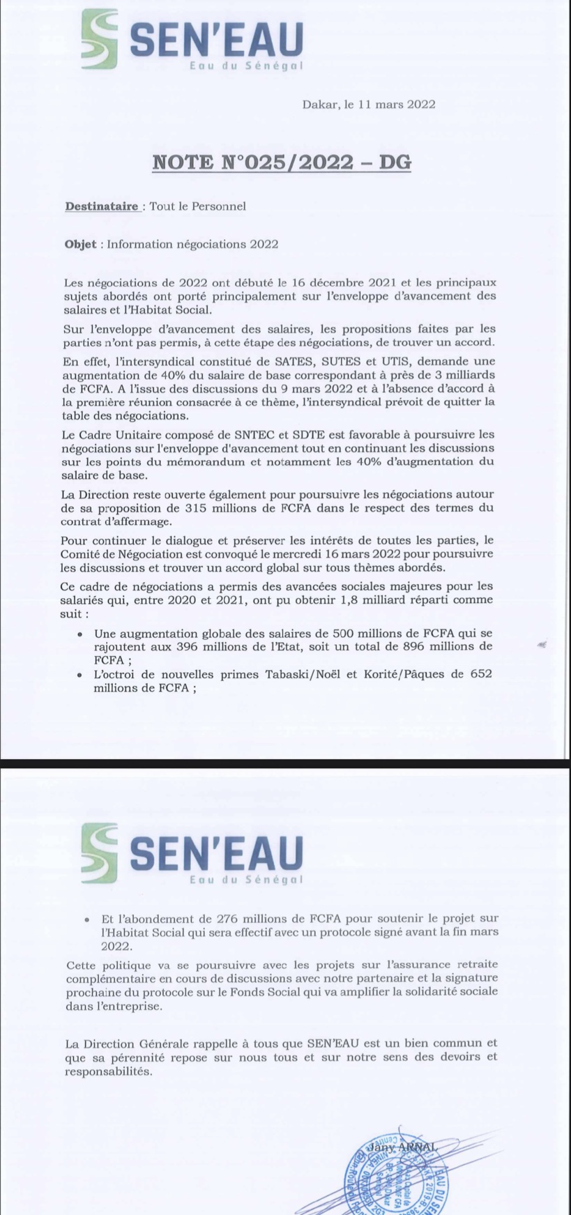Négociations sur l’enveloppe d’avancement des salaires : la Sen’eau convoque son personnel ce mercredi