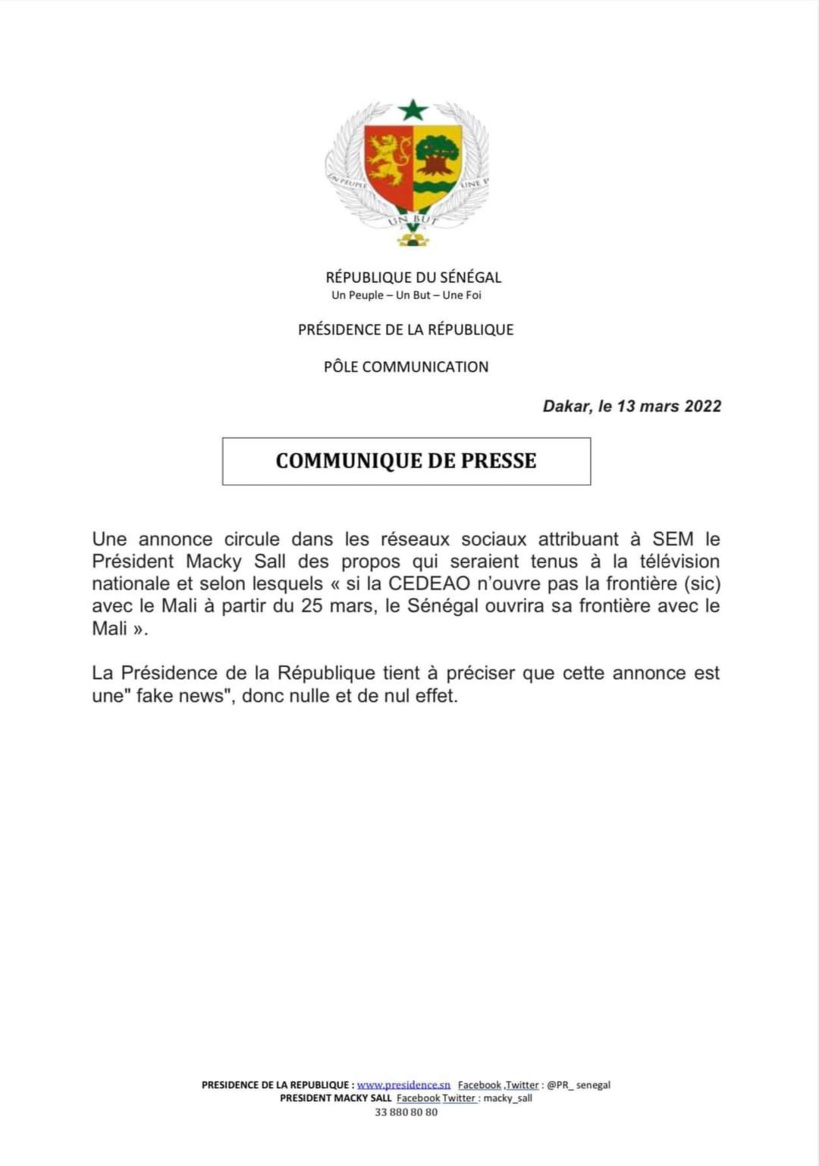 Ouverture des frontières avec le Mali : Macky Sall victime de Fake News Ouverture des frontières avec le Mali : Macky Sall victime de Fake News
