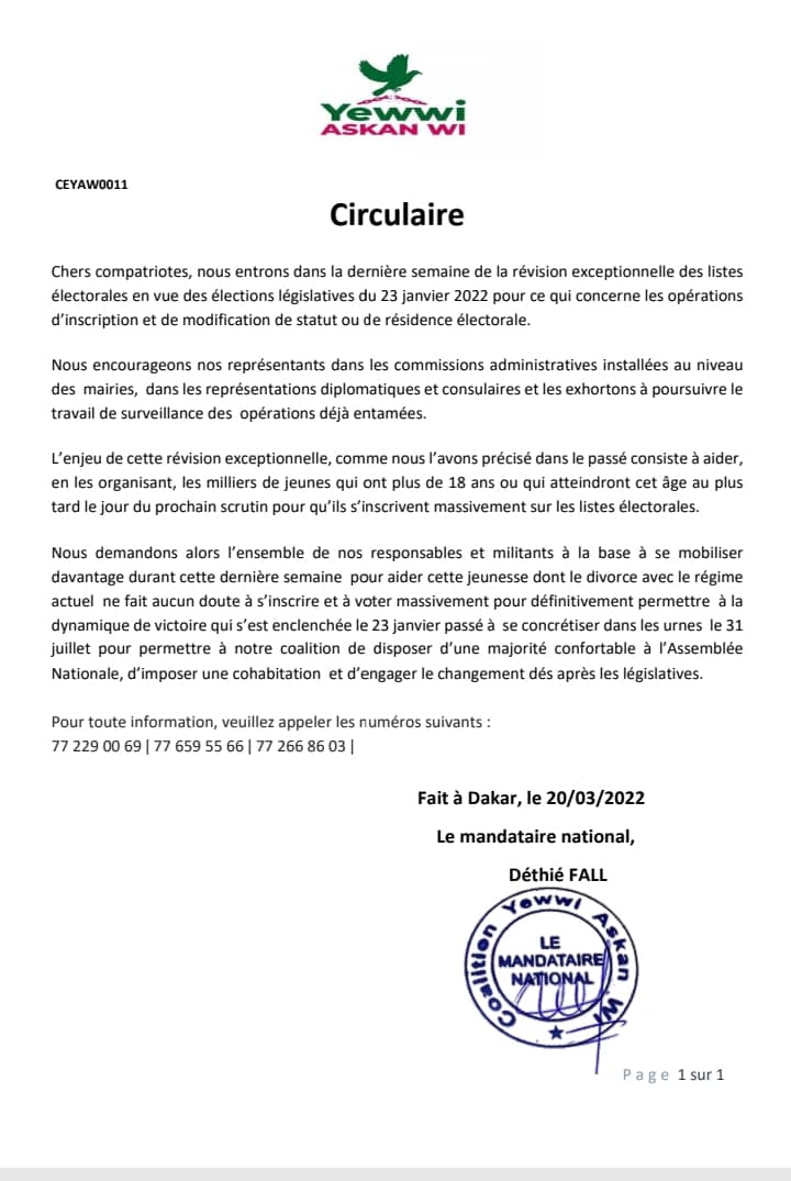 Révision des listes électorales : Yewwi Askan Wi demande à ses responsables "de rester vigilants et d'aider les jeunes à s'inscrire "