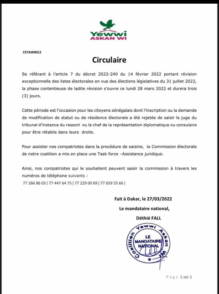 Phase contentieuse de la révision des listes électorales : Yewwi met en place une Task Force-Assistance juridique