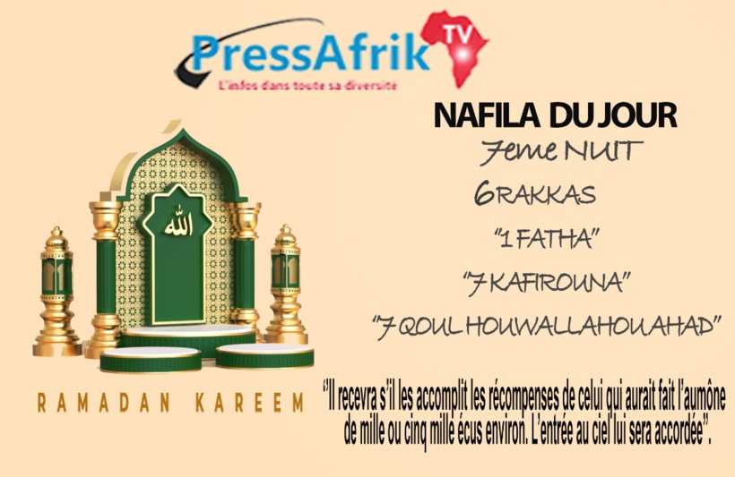 Ramadan-Nafila 7éme nuit : 6 rakkas pour "l’aumône de mille ou cinq mille écus environ" Ramadan-Nafila 7éme nuit : 6 rakkas pour "l’aumône de mille ou cinq mille écus environ"