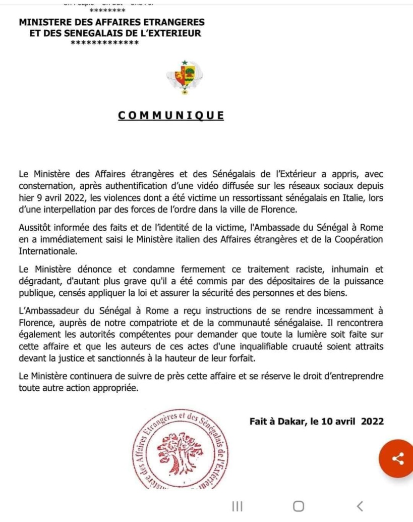 Arrestation musclée d’un Sénégalais en Italie : le Sénégal dénonce un "traitement raciste, inhumain et dégradant"