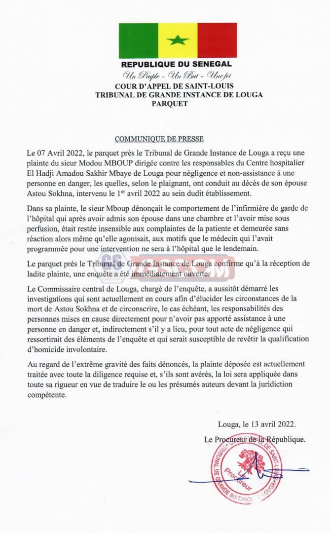 Affaire Astou Sokhna : Le parquet de Louga ouvre une enquête après la plainte déposée par le mari de la défunte Affaire Astou Sokhna : Le parquet de Louga ouvre une enquête après la plainte déposée par le mari de la défunte