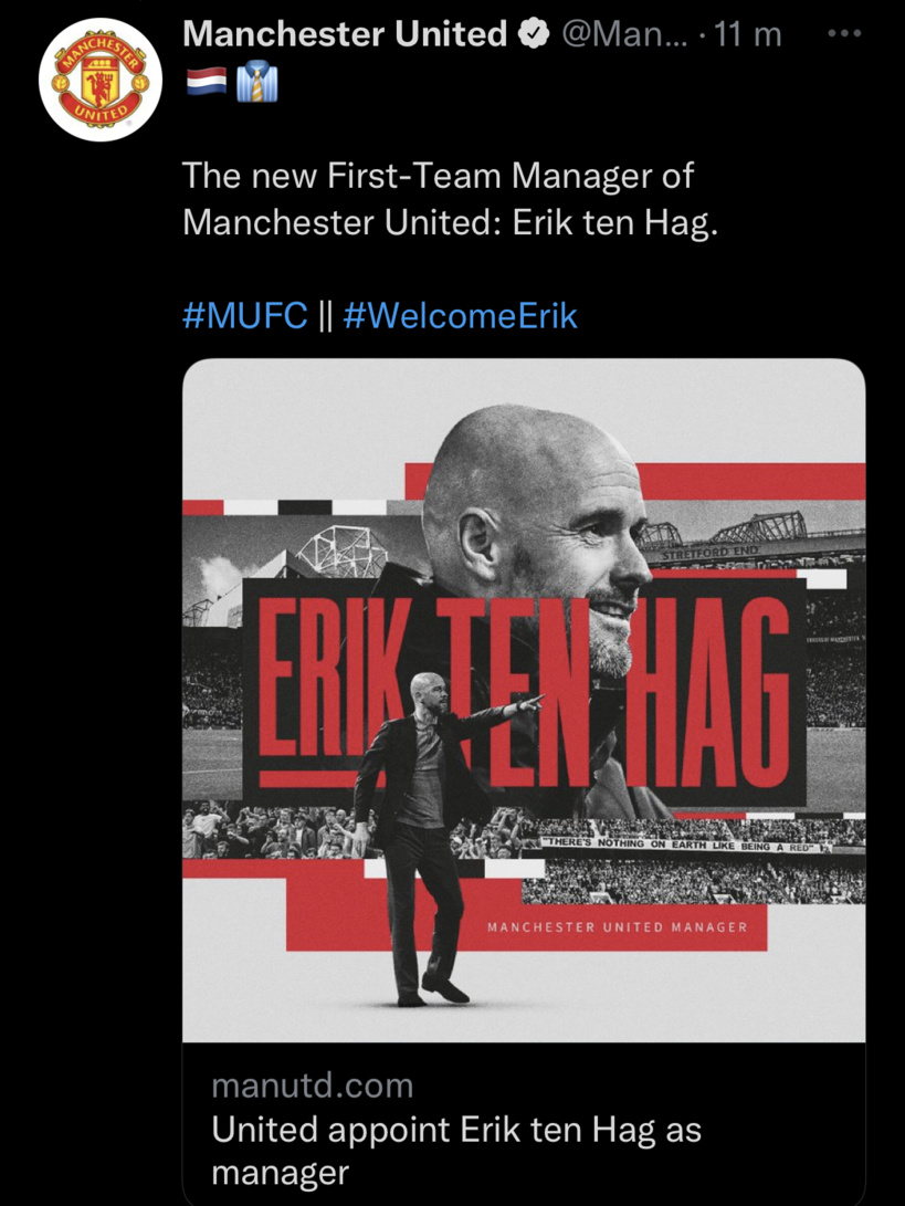 Manchester United officialise l'arrivée de Ten Hag Manchester United officialise l'arrivée de Ten Hag