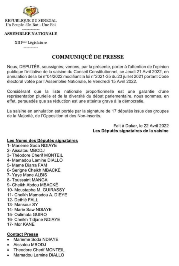 Assemblée nationale: 17 députés saisissent le Conseil constitutionnel pour annuler la modification de la loi portant code électoral Assemblée nationale: 17 députés saisissent le Conseil constitutionnel pour annuler la modification de la loi portant code électoral